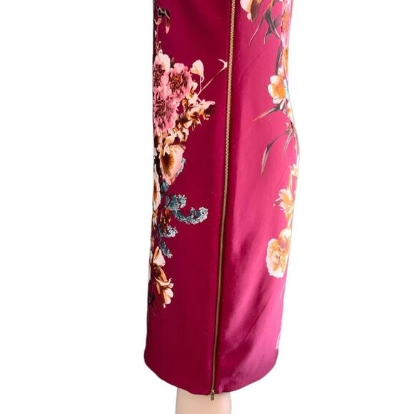 Worthington Maroon Floral Cropped Sleeve Scuba Midi Gold Side Zip Dress Size 12 - Picture 4 of 7